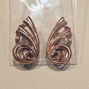Vintage RENOIR Signed Copper Butterfly Wing Clip On Earrings Art Nouveau Style‎